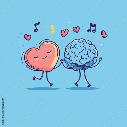 Brain & heart characters dancing , vector style simple color