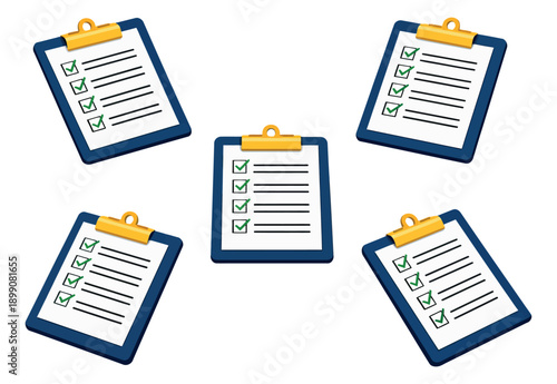 Cartoon vector clipboard set featuring multiple clipboards with completed checklists for task management and productivity