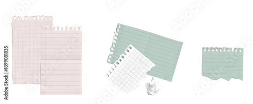 Canvastavla a collection of torn paper fragments and ruled note pages in light pink and mint green, creatively arranged on a transparent background, perfect for journaling and design inspiration