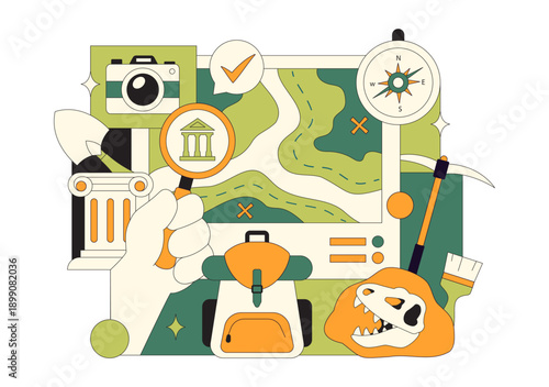 Archaeology Vector Illustration Featuring An Archaeological Excavation Of Ancient Ruins, Historical Artifacts, And Dinosaur Fossils In The Background