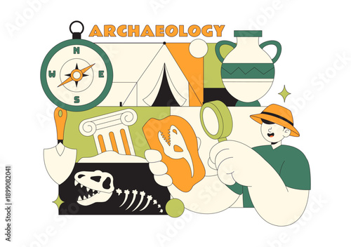 Archaeology Vector Illustration Featuring An Archaeological Excavation Of Ancient Ruins, Historical Artifacts, And Dinosaur Fossils In The Background