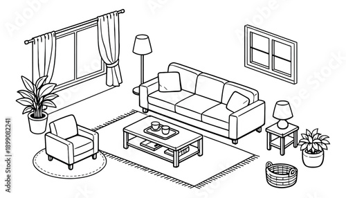 Hand drawn isometric line art living room interior set featuring a sofa, armchair, coffee table, and home accessories for room layout and decoration
