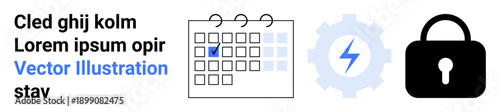 Project management, workflow optimization, data security, automation systems, time management, secure scheduling. Calendar with checkmark, gear with lightning lock icon. Workflow optimization