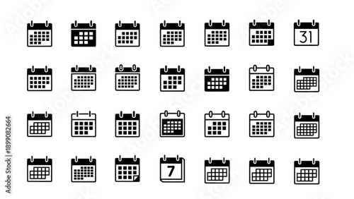 Minimal black vector calendar icons showing multiple dates and layouts. Suitable for scheduling apps, planners, timelines, and organizational design projects.