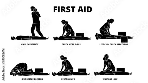 Vector infographic showing step-by-step first aid procedures using human silhouettes. Ideal for educational content, emergency guides, and healthcare awareness materials.
