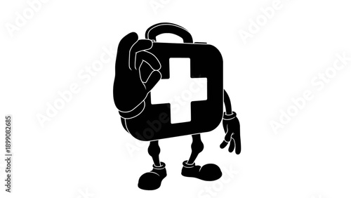 Creative vector illustration of a first aid kit character in black silhouette style. Great for healthcare branding, medical education, and friendly safety-themed designs.