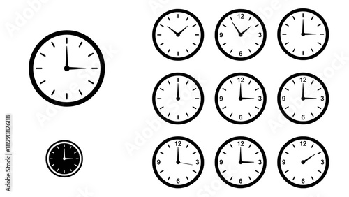 Black vector icon set featuring multiple clock faces showing different times. Ideal for time management apps, schedules, infographics, and business presentations.