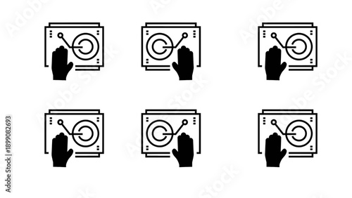 Minimal black vector icons showing hands operating a camera. Suitable for photography guides, tutorials, camera manuals, and creative media projects.
