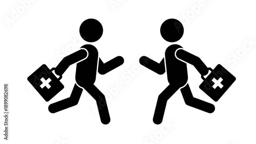 Black silhouette vector illustration of emergency responders carrying first aid kits. Suitable for medical services, emergency response graphics, safety signage, and healthcare design projects.