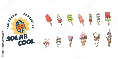 Summer popsicle and ice cream vector elements. Artistic textured illustrations of cold treats. Modern vintage aesthetic for dessert shop menus, stickers, and social media graphic