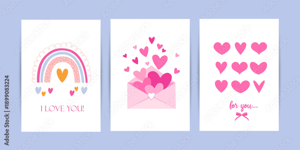 Fototapeta premium Cute Valentine’s Day Greeting Cards Set with Hearts, Love Envelope and Rainbow Illustration, Romantic Flat Design Collection for Love Cards, Wedding, Anniversary, Social Media, Posters etc