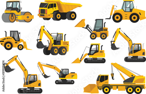 Construction machinery vector illustration set displaying excavators loaders bulldozers dump trucks cranes and road rollers for industrial building projects