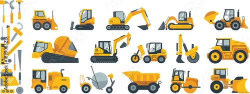 Construction machinery and tools vector icon set featuring excavators loaders dump trucks rollers mixers and equipment for industrial building projects