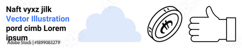 Digital finance, online transactions, approval system, cloud storage, cryptocurrency, economic analysis. A cloud, coin with a currency symbol and thumbs-up gesture. Digital finance and online