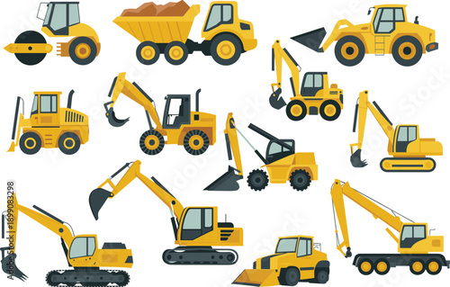 Construction machinery vector illustration set featuring excavators loaders bulldozers dump trucks rollers and heavy equipment for industrial building projects