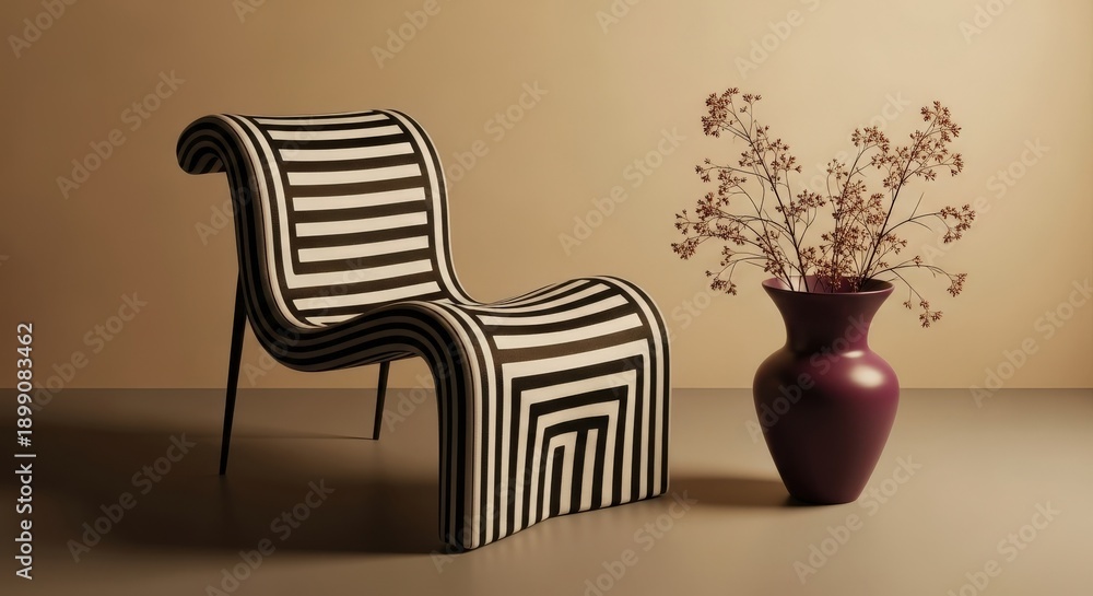 Fototapeta premium Modern striped chair and vase with dried flowers in minimalist room