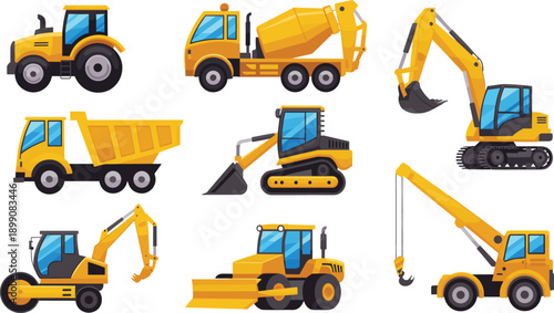 Construction machinery vector set with excavator bulldozer dump truck concrete mixer crane loader isolated heavy equipment icons for building industry