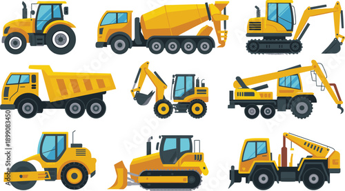 Construction machinery vector set with excavator bulldozer dump truck concrete mixer crane roller isolated heavy equipment icons for building industry