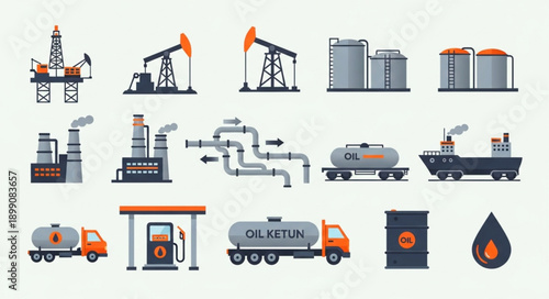 Collection of oil and gas industry icons and illustrations.