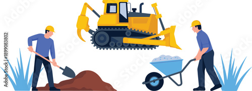 Construction workers illustration with bulldozer performing earthmoving tasks, combining manual labor and heavy machinery teamwork at modern building site