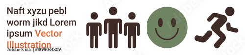Communication, teamwork, positivity, movement, social interaction, well-being. Brown human icons with a green smile face and running figure. Teamwork and positivity concepts