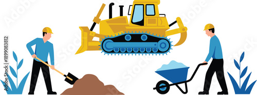 Construction workers illustration with bulldozer excavating soil, manual labor and heavy machinery teamwork concept for building and earthmoving projects