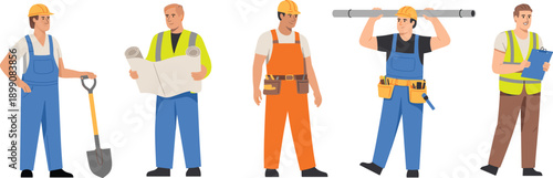 Construction workers vector illustration set featuring builders engineers with tools safety helmets teamwork flat design isolated characters professional industry labor