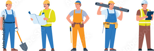 Construction workers vector illustration set featuring builders engineers with tools safety helmets teamwork flat design isolated characters professional industry labor
