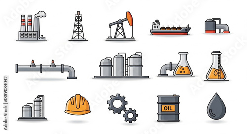 Collection of oil and gas industry icons and illustrations.