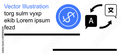 Language learning, global communication, translation services, artificial intelligence, user interfaces, education. Circular arrows and speech bubbles with text icons. Translation services and global