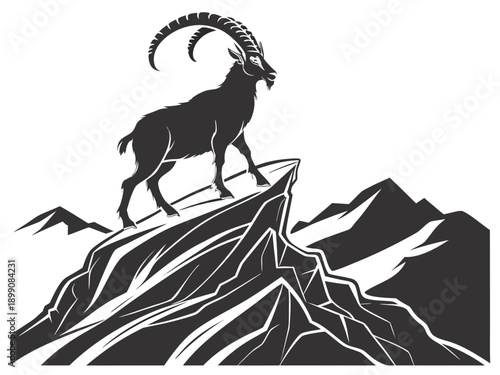 Ibex stands proudly atop a rocky mountain peak in a stark illustration