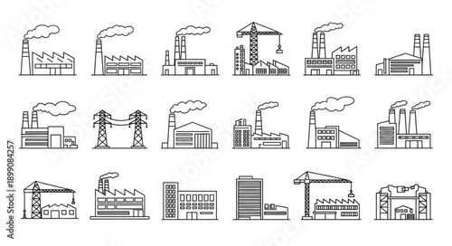 Collection of Industrial Factory Buildings with Smoke Stacks.