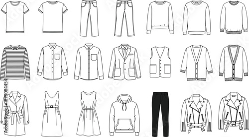 Fashion clothing icon set featuring shirts, pants, sweaters, jackets, dresses, hoodies and cardigans in clean modern black and white outline style