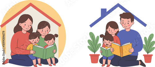 Family reading together, mother and father with children, home education, parenting, bonding, learning, happy kids, indoor activity, cozy house