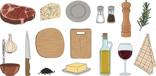 Cooking ingredients and kitchen utensils vector set with steak cheese oil wine spices cutting boards isolated illustration