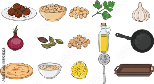 Cooking ingredients illustration featuring chickpeas spices herbs onion garlic oil pan flatbread lemon kitchen utensils vector food set