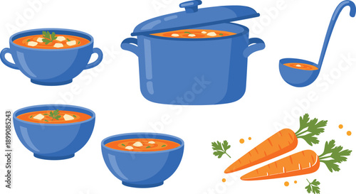 Cooking soup illustration set with open pot ladle bowls carrots vegetables flat cartoon vector for kitchen food design projects branding