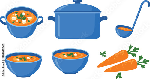 Cooking soup kitchen illustration set with pot ladle bowls carrots vegetables flat cartoon style vector for food design projects