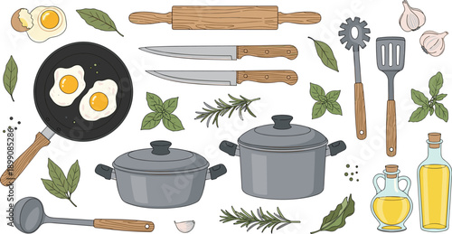 Cooking utensils and ingredients illustration with pots pans knives eggs herbs oil wooden tools kitchen equipment vector collection set