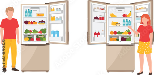 Couple standing near open refrigerators filled with fresh groceries fruits vegetables drinks modern kitchen lifestyle flat vector illustration design concept