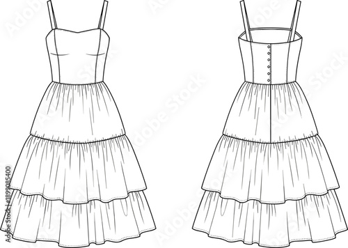 Elegant tiered ruffle midi dress technical flat sketch with fitted bodice, spaghetti straps, gathered layers, front and back fashion illustration template