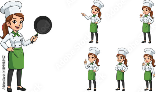 Female chef cartoon character illustration set with multiple poses holding frying pan flat vector isolated for restaurant branding marketing design