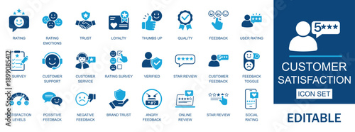 Customer satisfaction solid icon set. Includes feedback, rating, response, review, success, support, survey, trust and support symbols. Solid vector icons for customer experience, apps, and more.