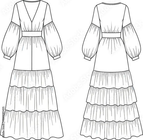Elegant tiered maxi dress fashion flat sketch with V-neckline, puff sleeves, gathered layers, waistband detail, technical apparel design template