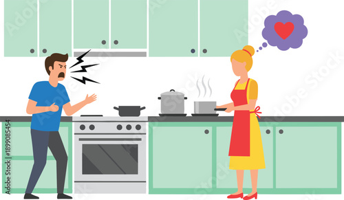 Couple arguing in kitchen illustration showing angry man cooking woman calm love thought modern home interior vector design scene concept