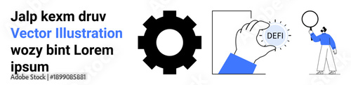 Gear wheel, hand holding DEFI crystal, and individual with balloon representing innovation, finance, teamwork, creativity, problem-solving, technology, modern design simple landing page