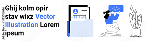 Technology, productivity, user profiles, coding concepts, professional development, digital tools. User profile icon, person working on code plant in a pot. Technology and productivity focus