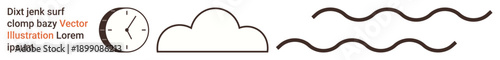 Time management, weather forecast, flow dynamics, simplicity, conceptual art, modern design. Clock, cloud and wavy lines in minimalist style. Time management and weather forecast
