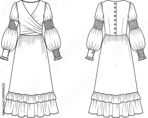 Elegant long dress fashion flat sketch with wrap front bodice, puff sleeves, smocked cuffs, tiered hem, technical clothing design template