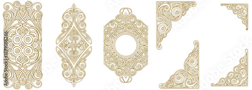 Elegant gold ornamental scrollwork, vintage filigree decoration, symmetrical corner embellishments, classical flourish design, ornate vector motif, decorative frame elements